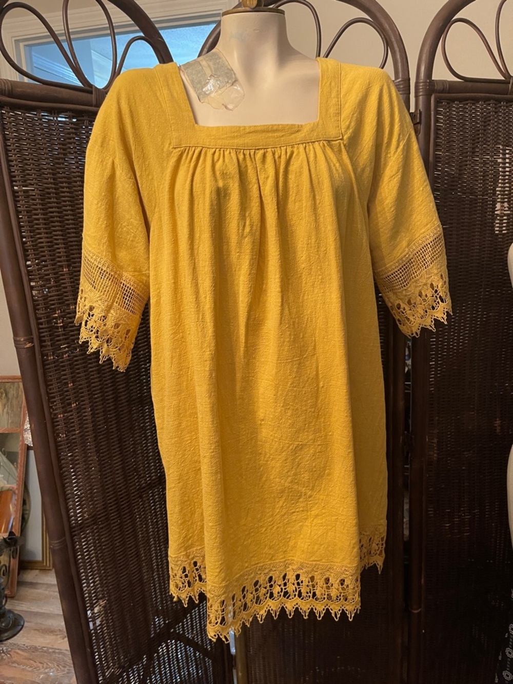 Mustard Yellow Lace-Trim Square Neck Women's Dress